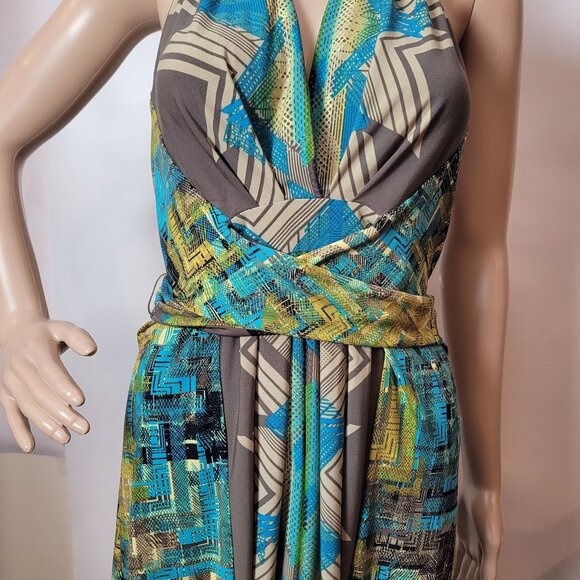 BCBGMAXAZRIA Teal Multicolor Abstract Patterned Halter Dress Size Sm V-neck Wrap - Picture 7 of 12